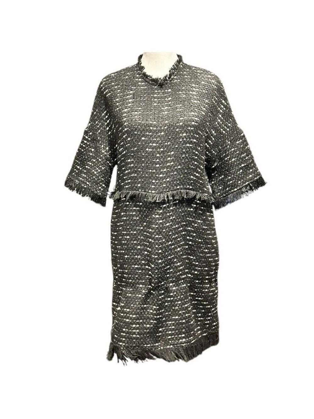 ZARA WOMAN Boucle Fringe Pullover Dress Long Tunic Black Gray White Size Small